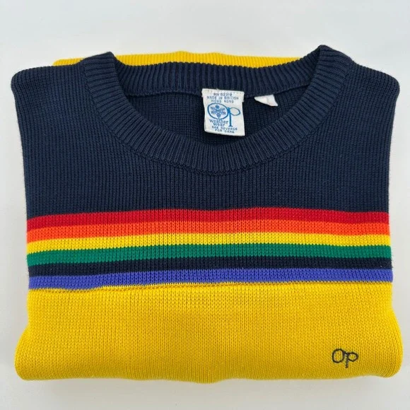 VTG 80s Ocean Pacific Op Rainbow Stripe Sweater Large Stranger Things Surf Retro